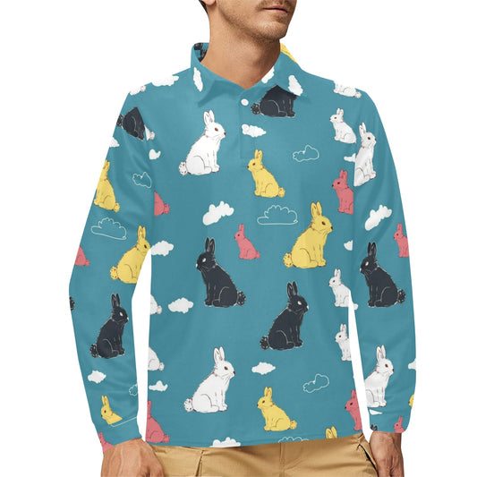 Rabbit Pattern Print Design RB014 Long Sleeve Polo Shirt For Men's
