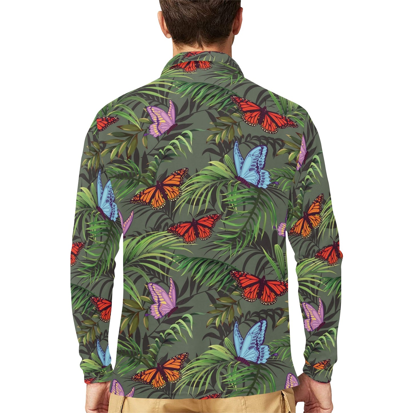 Monarch Butterfly Pattern Print Design 04 Long Sleeve Polo Shirt For Men's