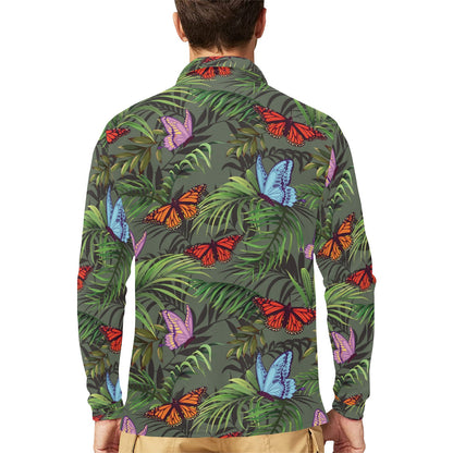 Monarch Butterfly Pattern Print Design 04 Long Sleeve Polo Shirt For Men's