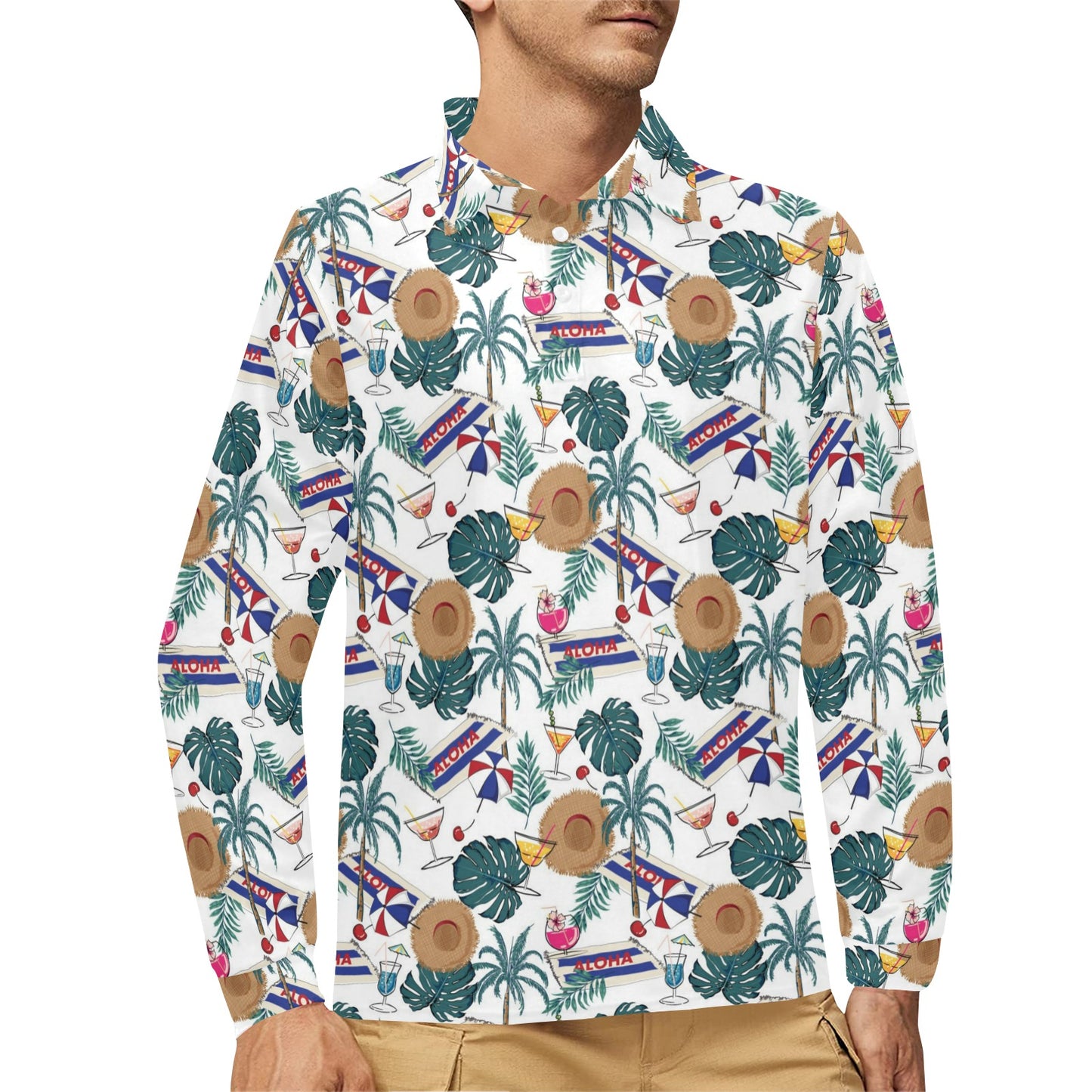 Aloha Hawaii Beach Pattern Print Design 04 Long Sleeve Polo Shirt For Men's