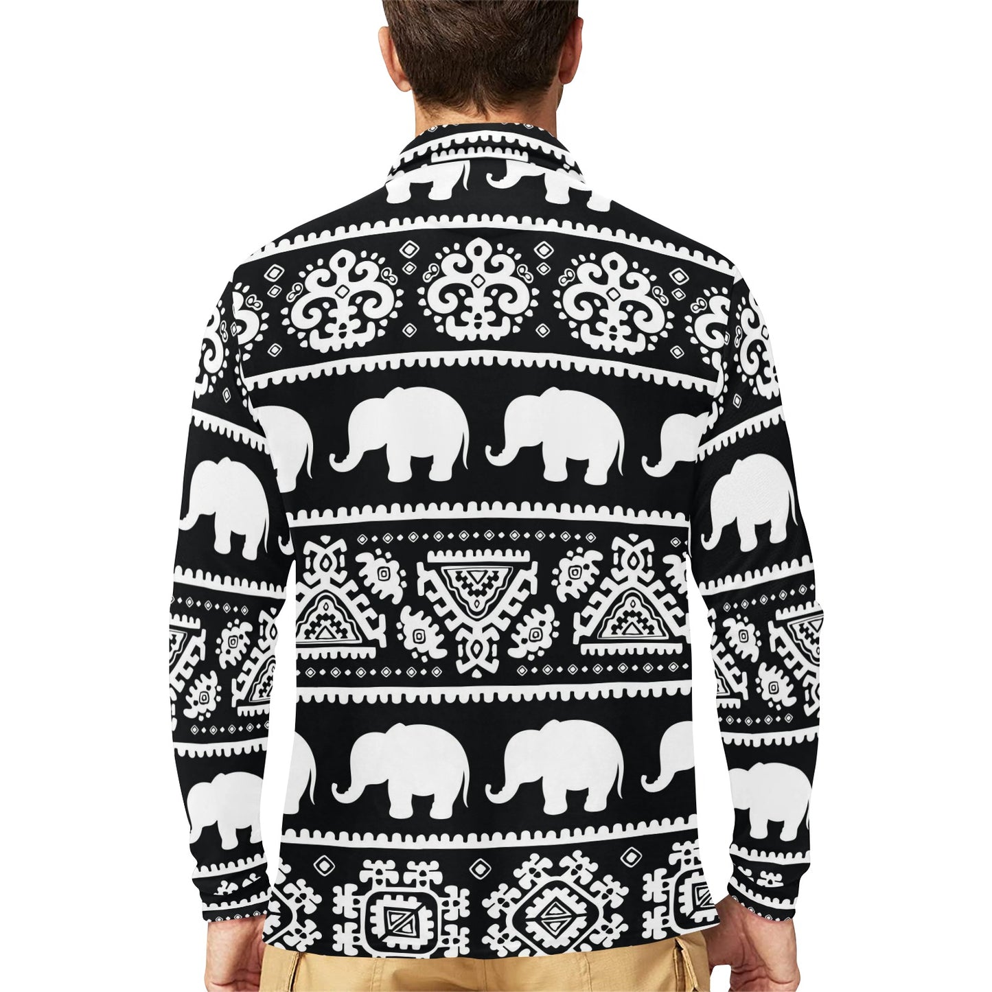 Elephant Pattern Long Sleeve Polo Shirt For Men's