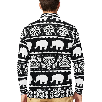 Elephant Pattern Long Sleeve Polo Shirt For Men's