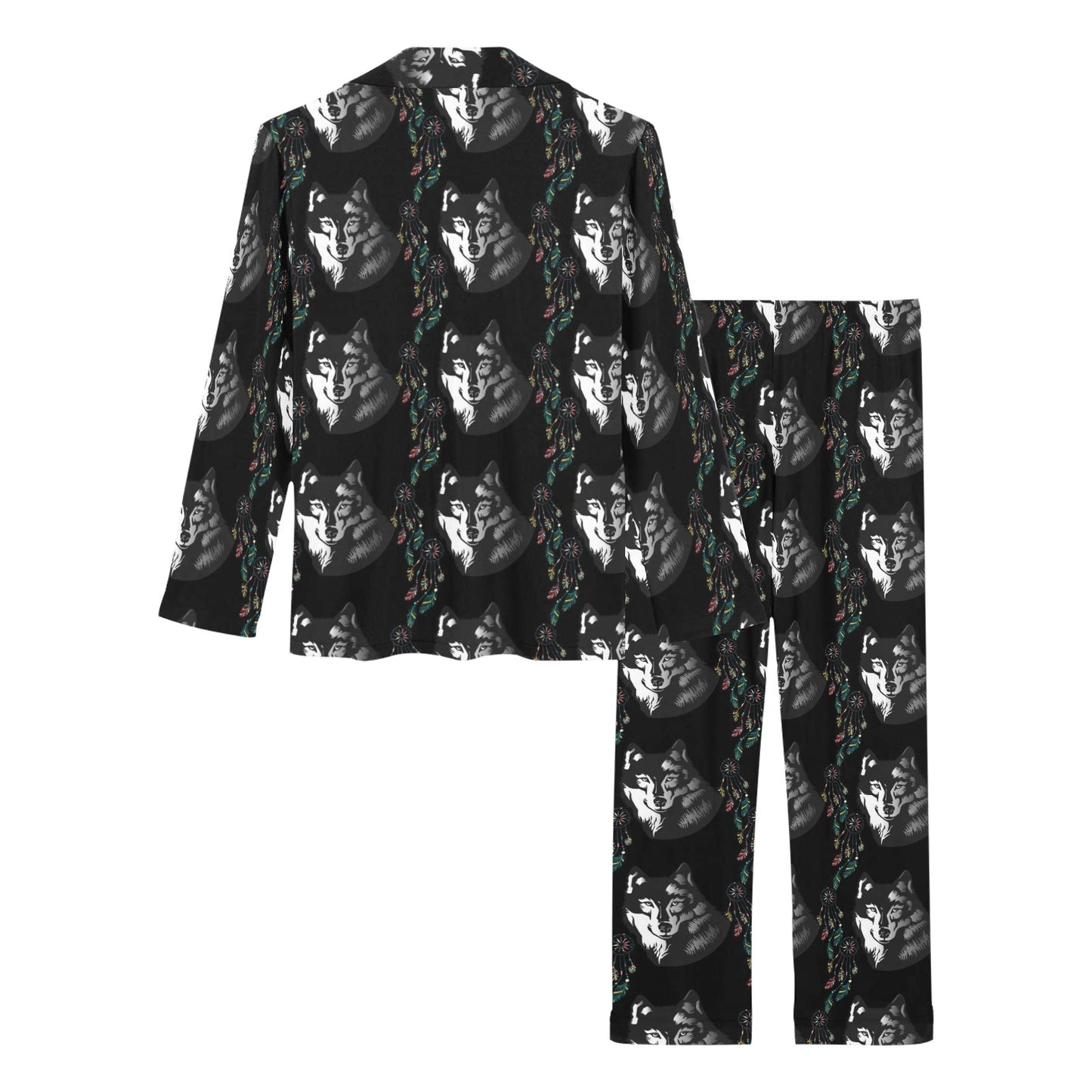 Wolf Black Dream Catcher Design Print Women's Long Pajama Set