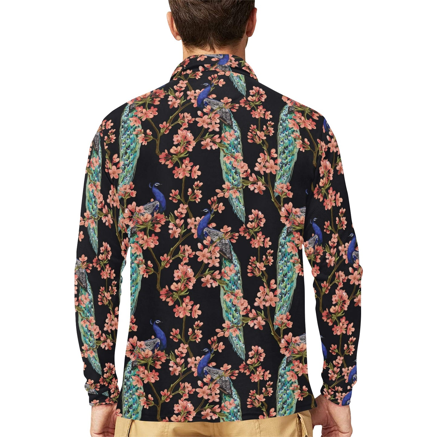 Peacock Pattern Print Design A01 Long Sleeve Polo Shirt For Men's