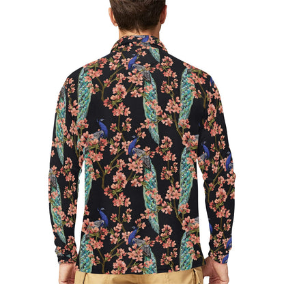 Peacock Pattern Print Design A01 Long Sleeve Polo Shirt For Men's