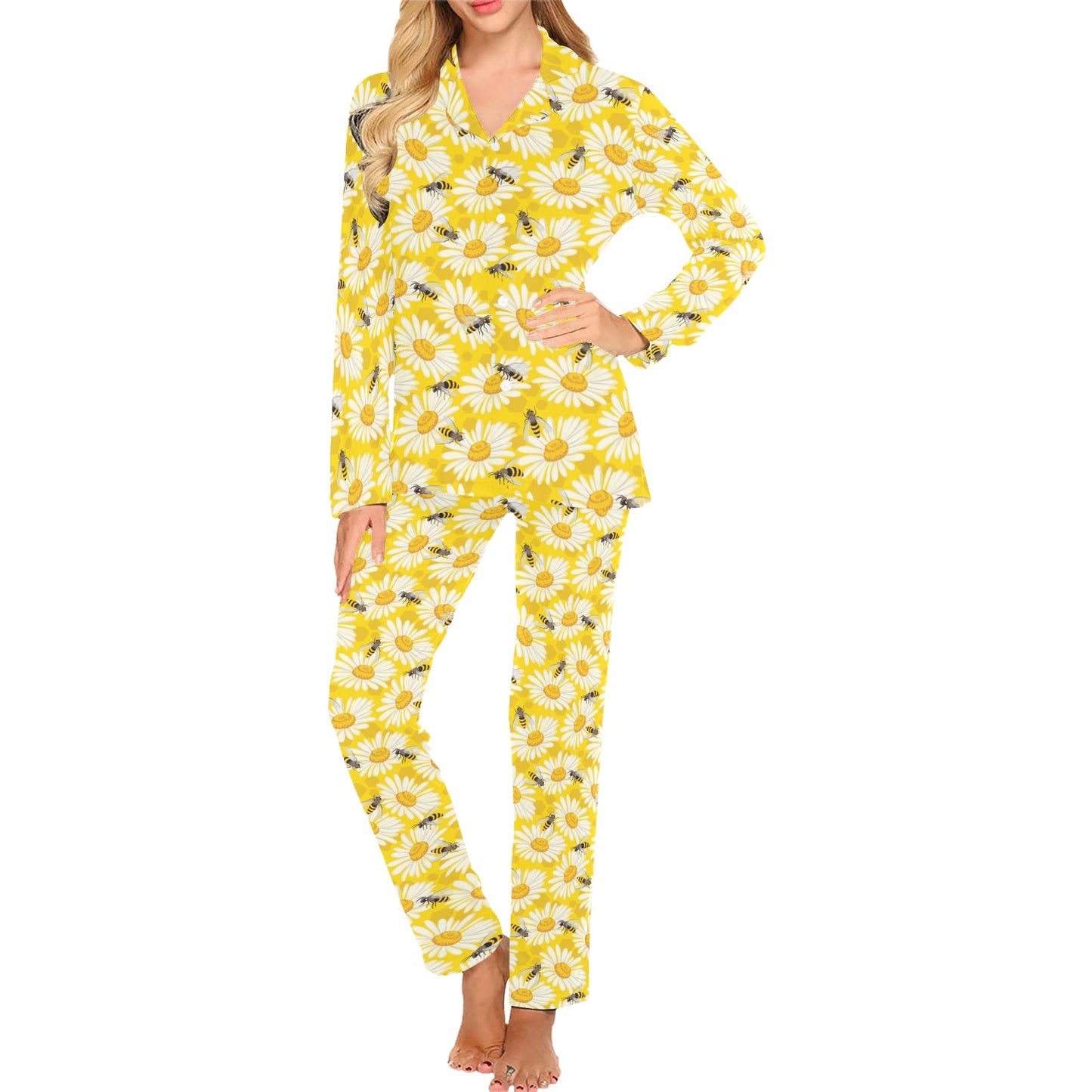 Bee Daisy Pattern Print Design 06 Women's Long Pajama Set