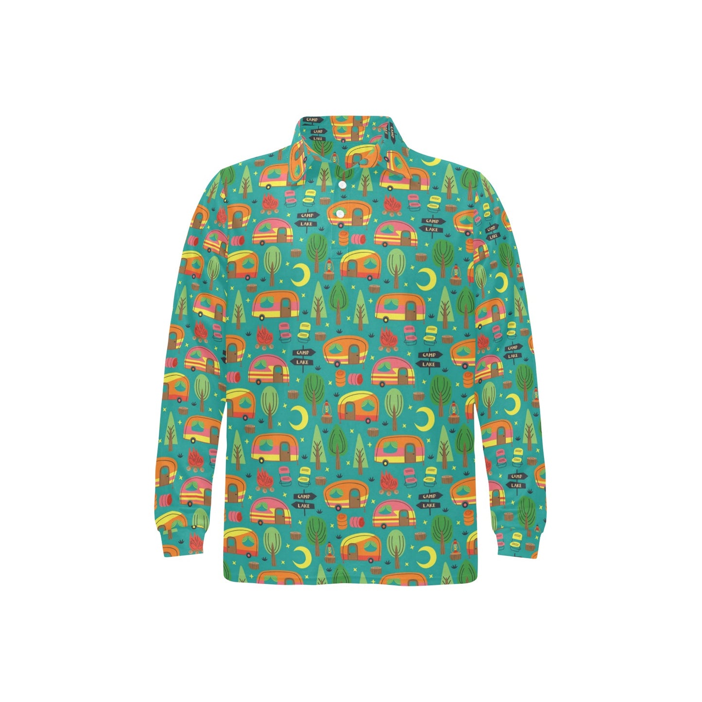 Camping Camper Pattern Print Design 05 Long Sleeve Polo Shirt For Men's