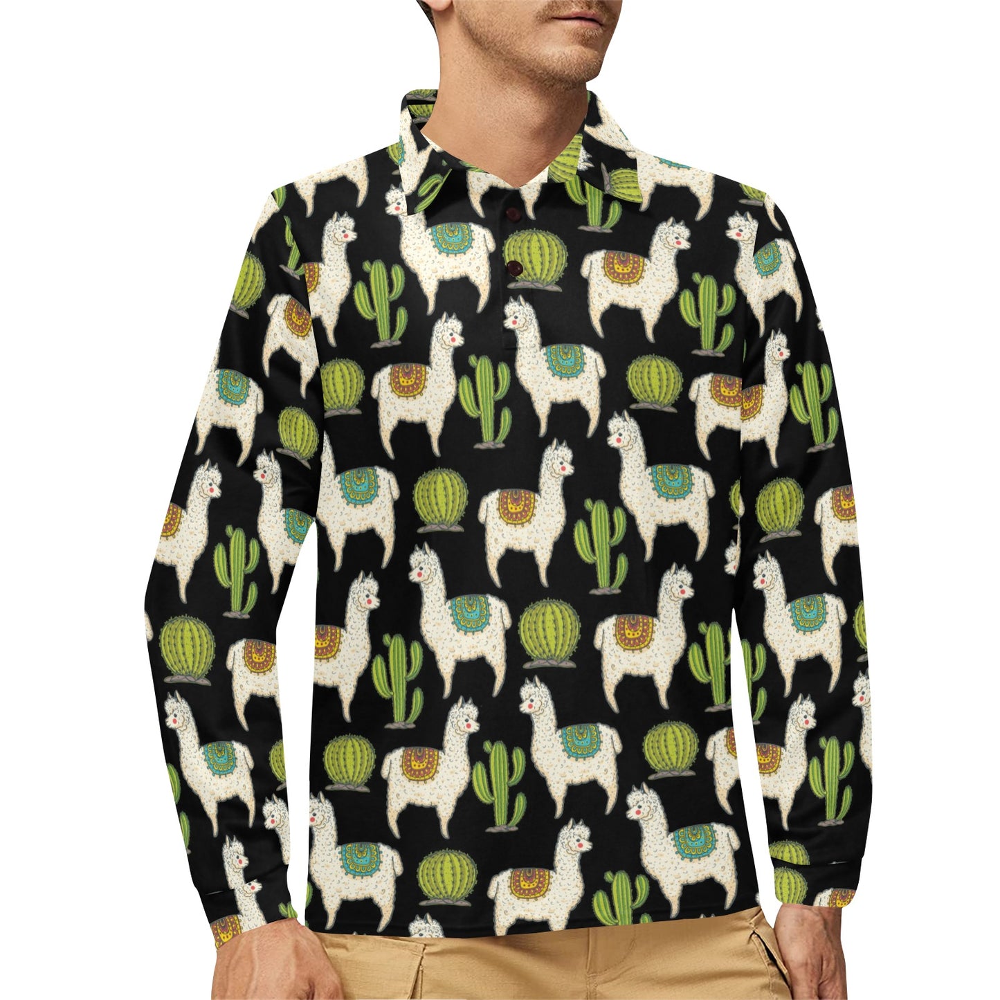 Alpaca Cactus Pattern Print Design 07 Long Sleeve Polo Shirt For Men's