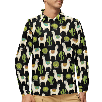 Alpaca Cactus Pattern Print Design 07 Long Sleeve Polo Shirt For Men's