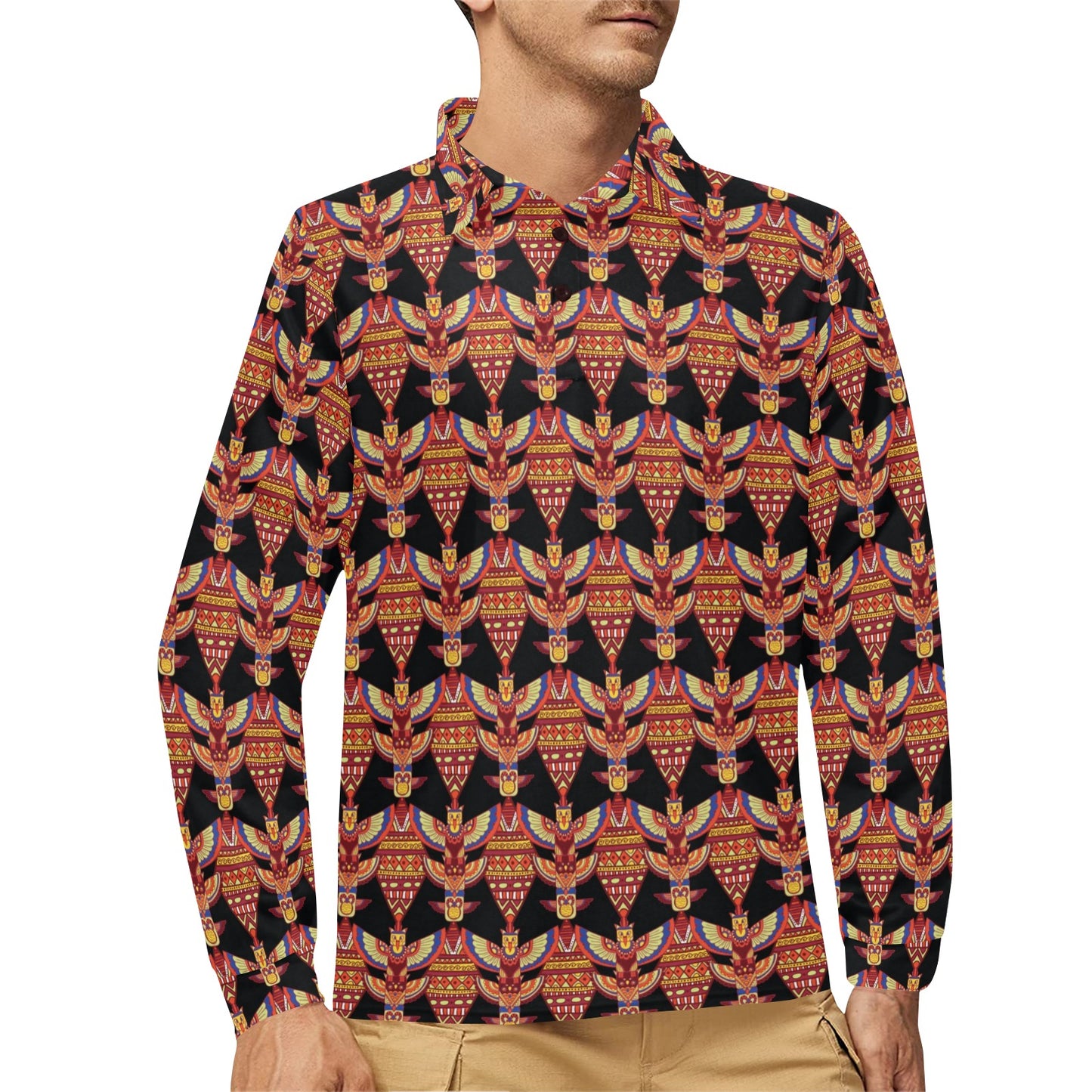 Totem Pole Print Long Sleeve Polo Shirt For Men's