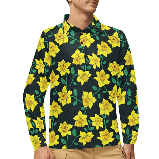 Daffodils Pattern Print Design DF03 Long Sleeve Polo Shirt For Men's