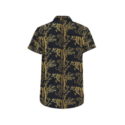 Tiger Gold Print Design LKS307 Men Short Sleeve Button Up Shirt