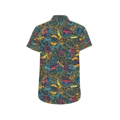 Travel Stamp Colorful Print Design LKS304 Men Short Sleeve Button Up Shirt