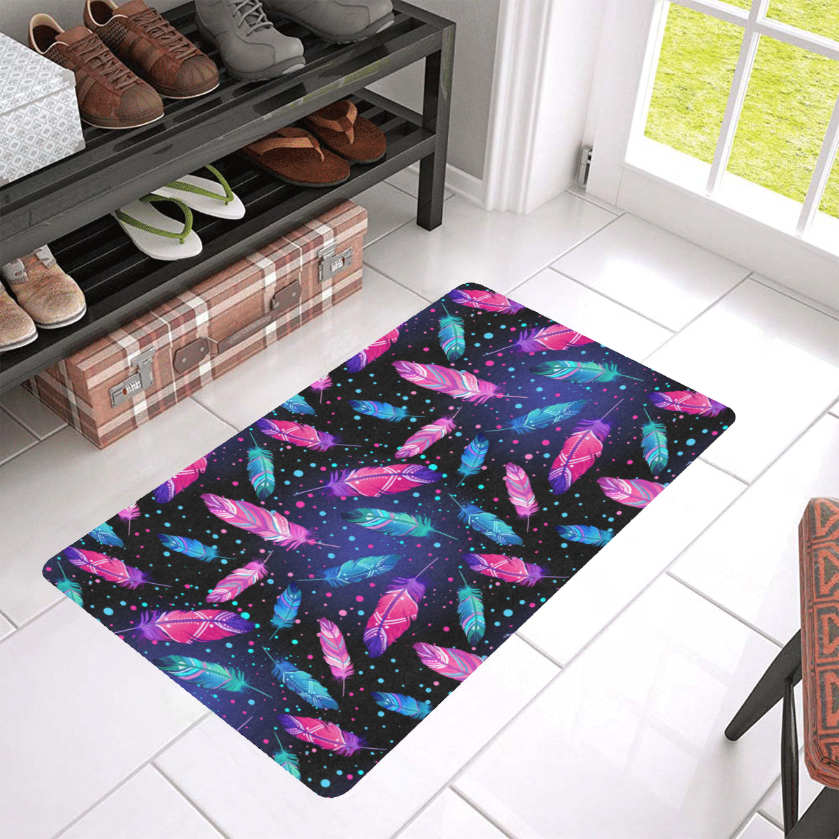 Feather Colorful Boho Design Print Rubber Doormat