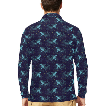 Shark Print Design LKS306 Long Sleeve Polo Shirt For Men's