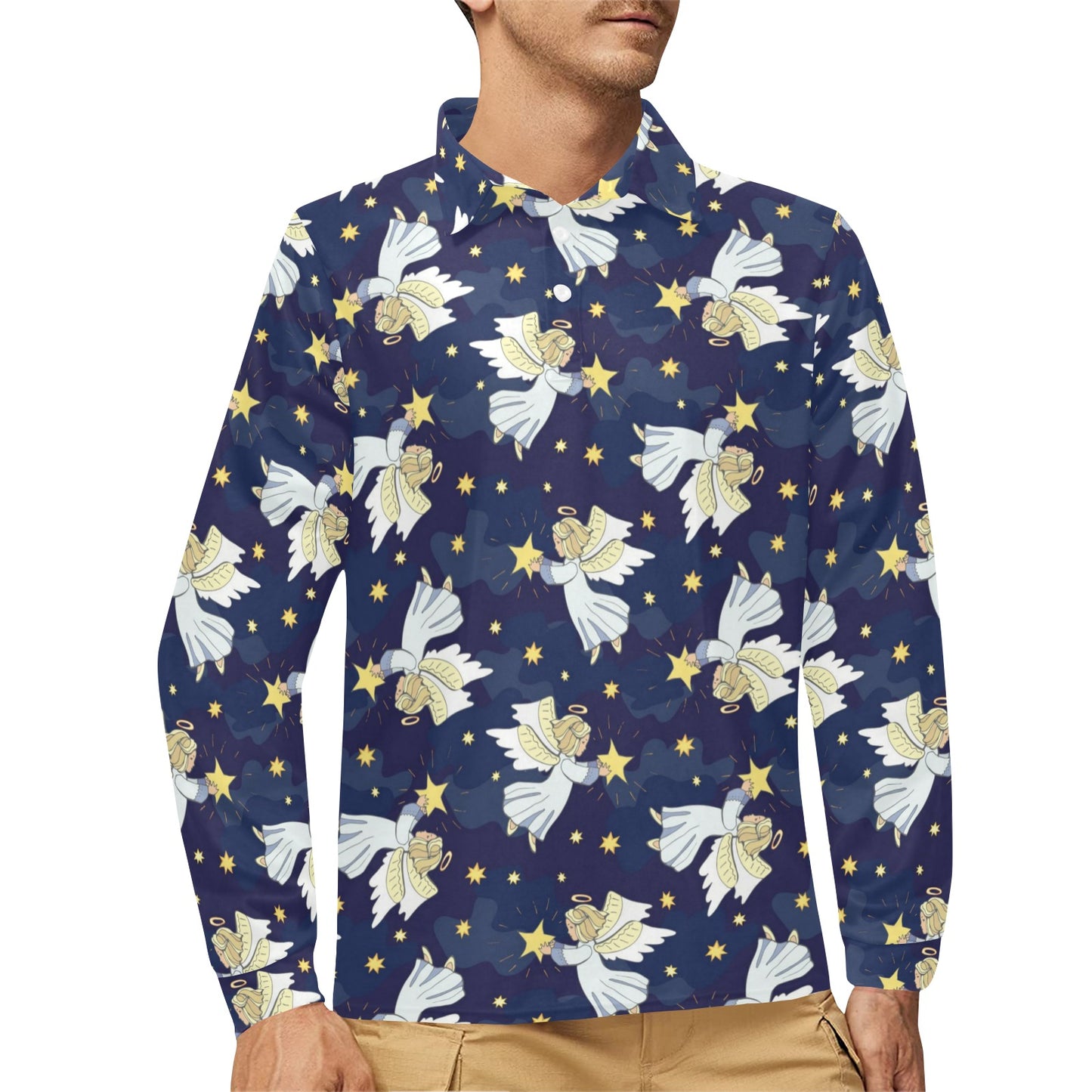 Angel Pattern Print Design 06 Long Sleeve Polo Shirt For Men's