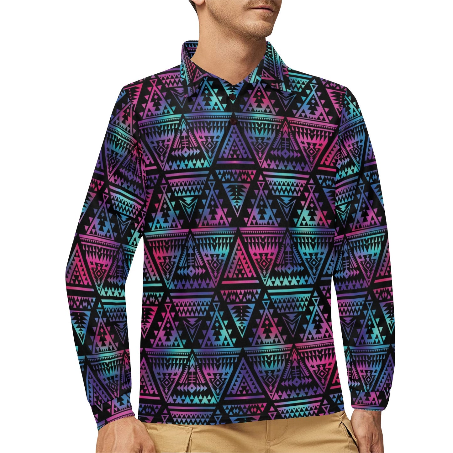 Tribal aztec Dark Multicolor Long Sleeve Polo Shirt For Men's