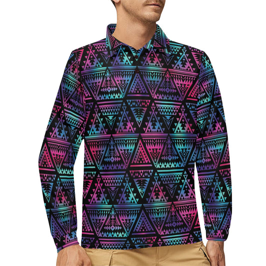 Tribal aztec Dark Multicolor Long Sleeve Polo Shirt For Men's