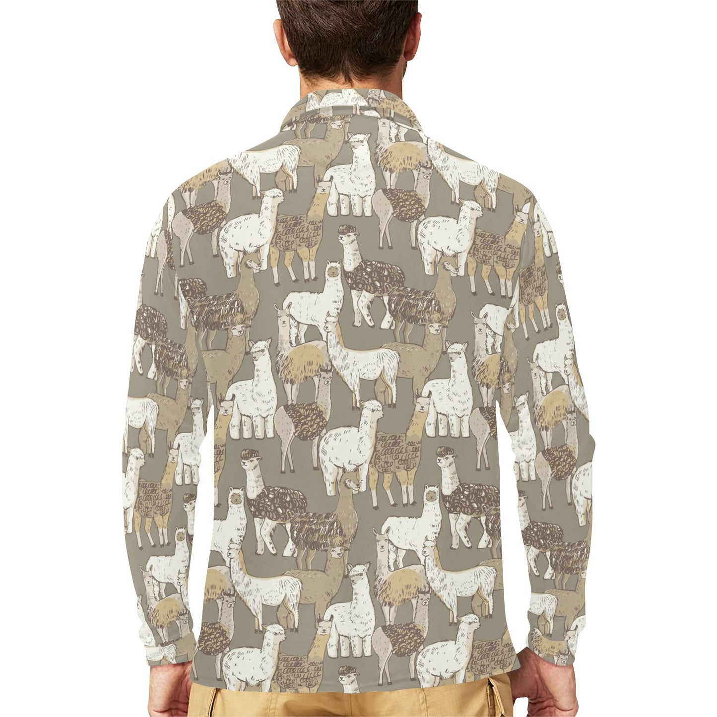 Alpaca Pattern Print Design 01 Long Sleeve Polo Shirt For Men's