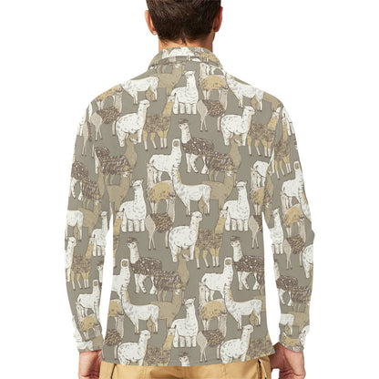 Alpaca Pattern Print Design 01 Long Sleeve Polo Shirt For Men's