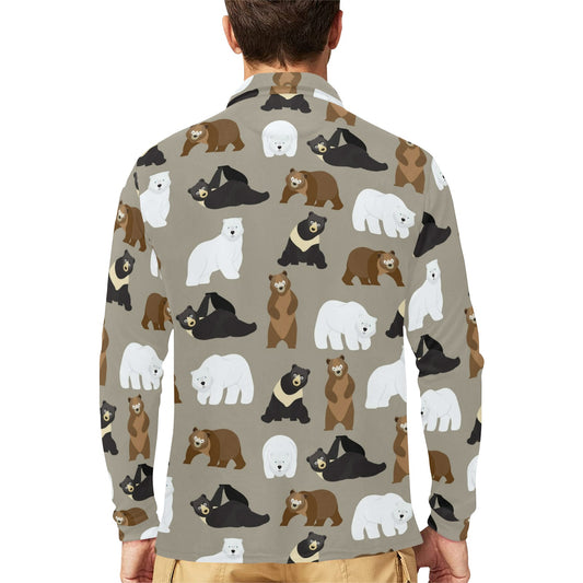 Bear Pattern Print Design BE03 Long Sleeve Polo Shirt For Men's