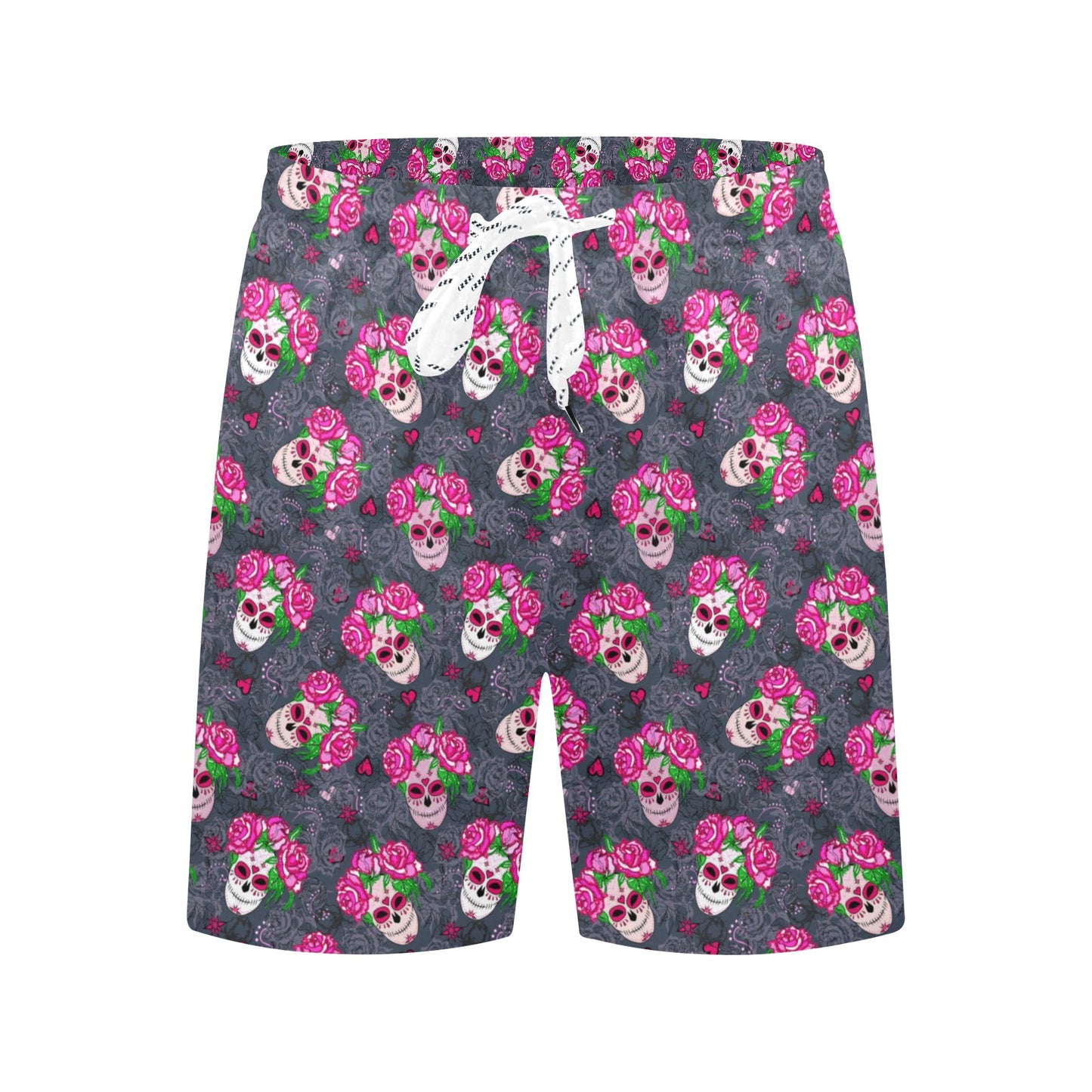 Sugar Skull Pink Rose Themed Print Men's Swim Trunks Beach Shorts