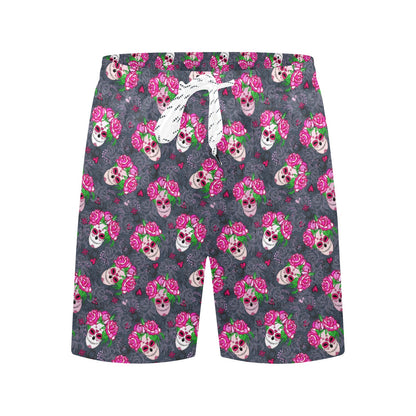 Sugar Skull Pink Rose Themed Print Men's Swim Trunks Beach Shorts