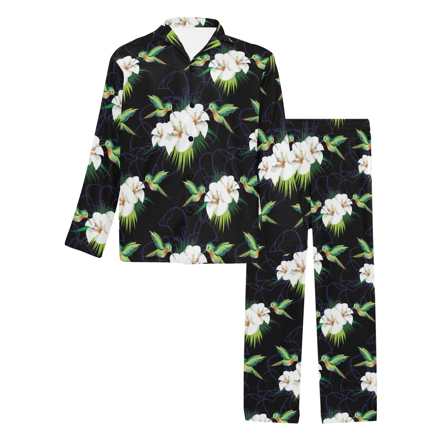 Hummingbird with Flower Pattern Print Design 03 Men's Long Pajama Set