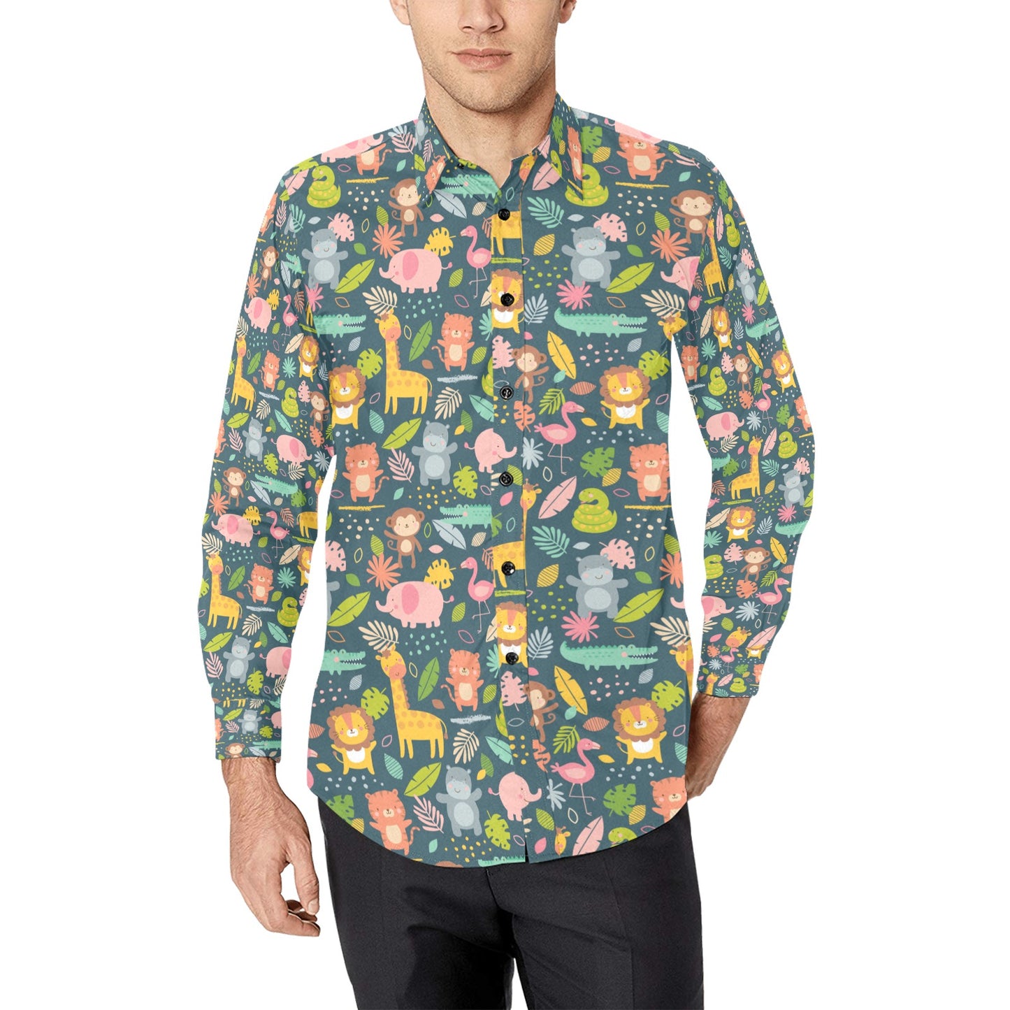 Safari Animal Cartoon Print Design LKS305 Men's Long Sleeve Dress Shirt
