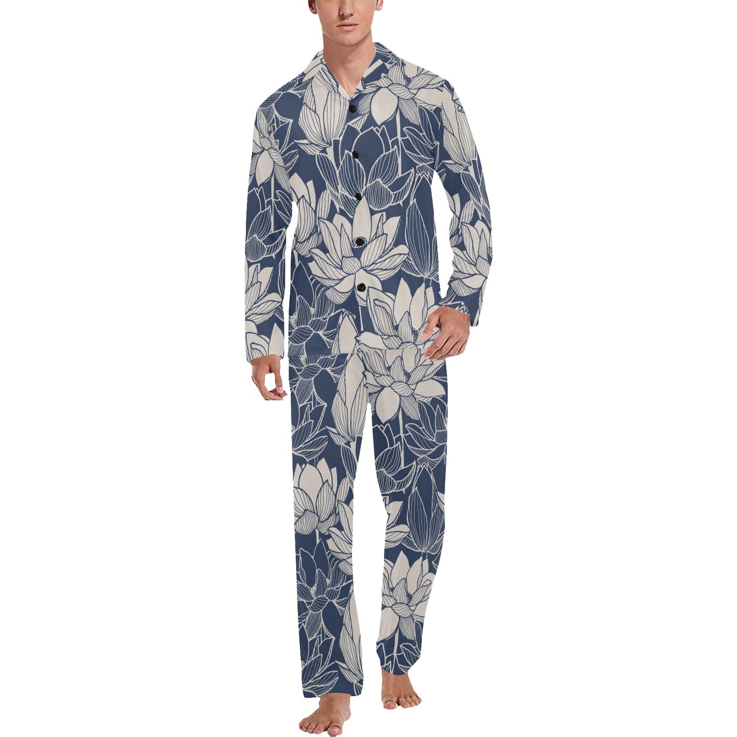 Water Lily Pattern Print Design WL04 Men's Long Pajama Set