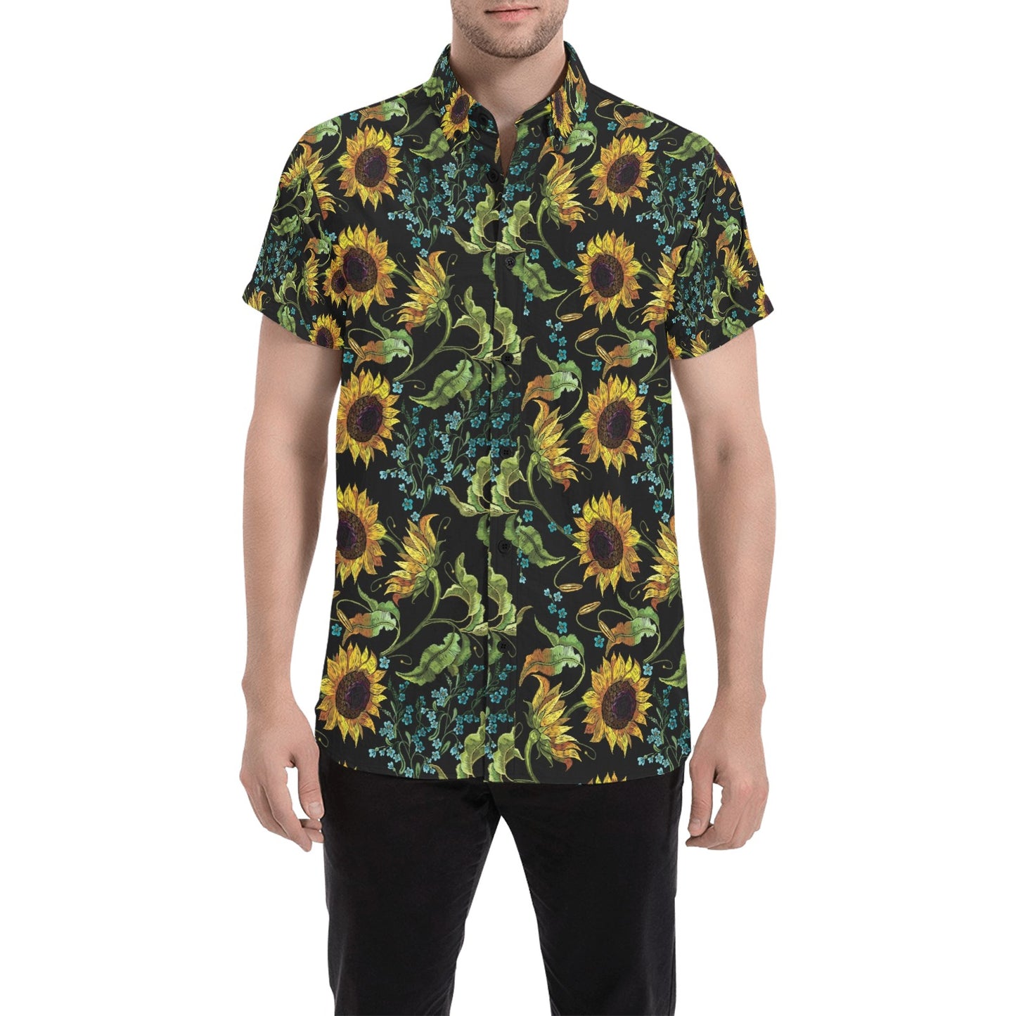 Sunflower Print Design LKS308 Men Short Sleeve Button Up Shirt