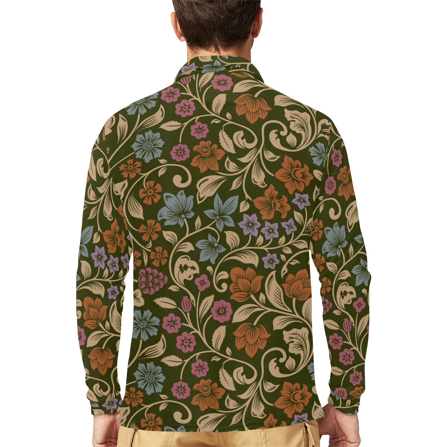 Floral Vintage Print Pattern Long Sleeve Polo Shirt For Men's