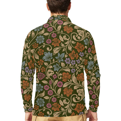 Floral Vintage Print Pattern Long Sleeve Polo Shirt For Men's