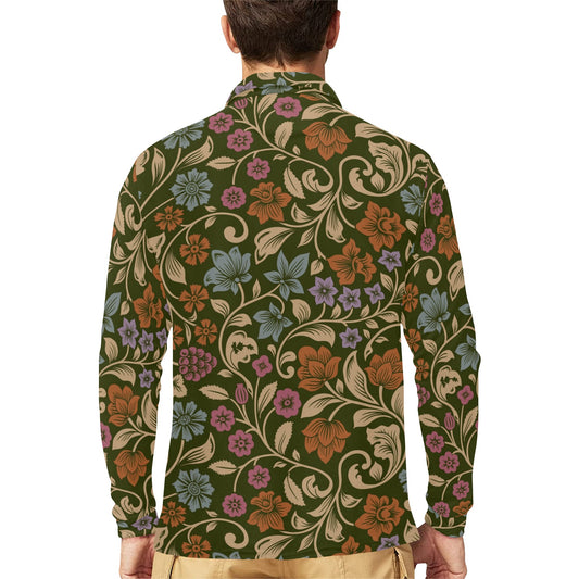 Floral Vintage Print Pattern Long Sleeve Polo Shirt For Men's