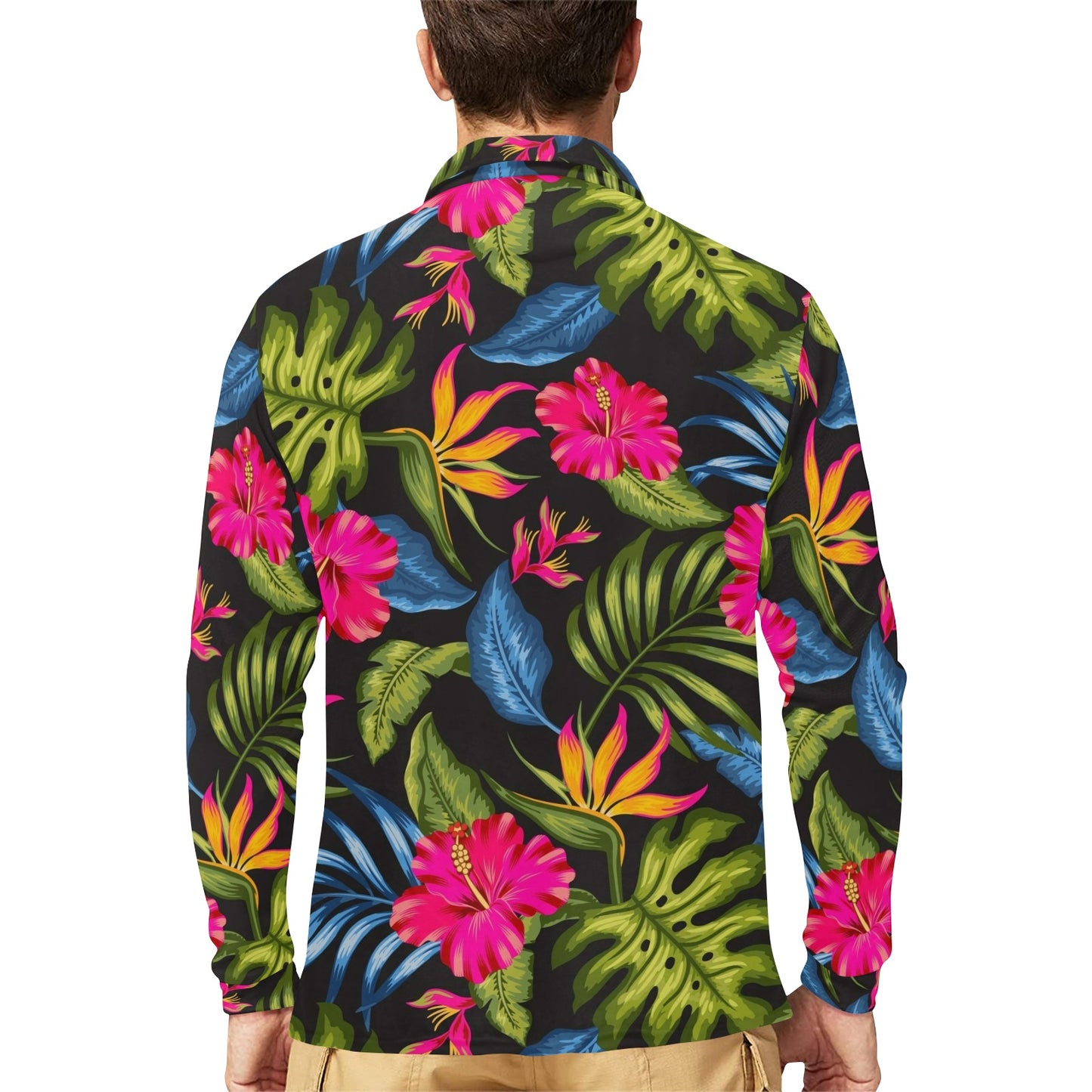 Bird Of Paradise Pattern Print Design BOP014 Long Sleeve Polo Shirt For Men's