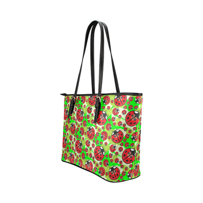 Ladybug with Leaf Print Pattern Leather Tote Bag