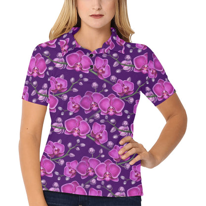 Orchid Purple Pattern Print Design OR02 Women's Polo Shirt