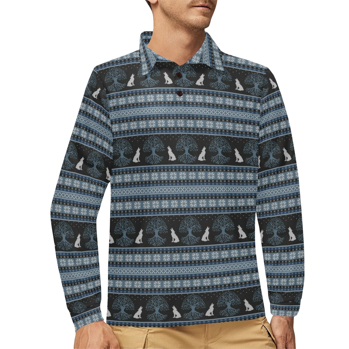 Wolf Tree of Life Knit Design Print Long Sleeve Polo Shirt For Men's