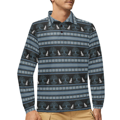 Wolf Tree of Life Knit Design Print Long Sleeve Polo Shirt For Men's