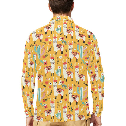 Llama Cute Themed Print Long Sleeve Polo Shirt For Men's