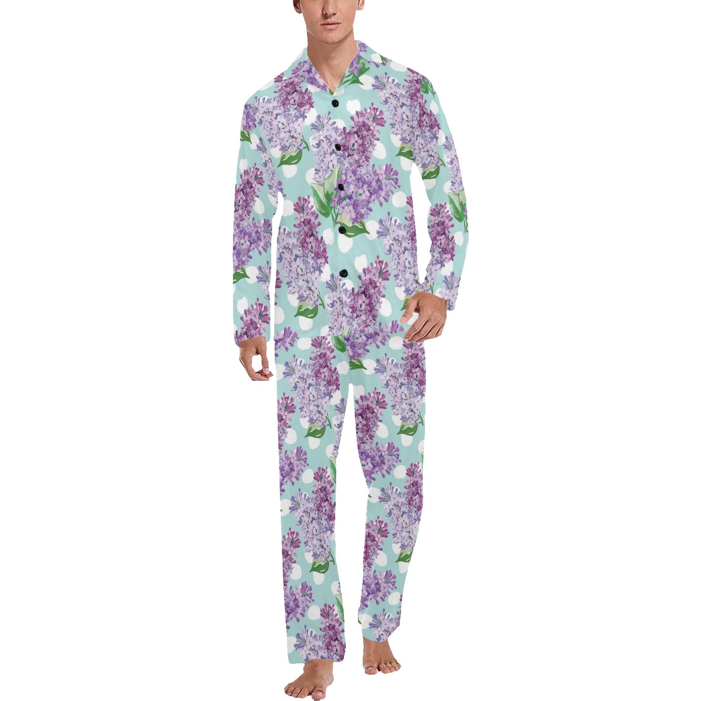 Lilac Pattern Print Design 02 Men's Long Pajama Set