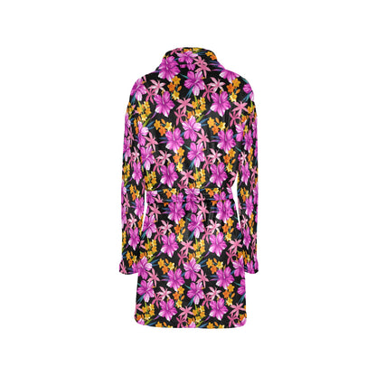 Tropical Folower Pink Hibiscus Print Women's Fleece Robe