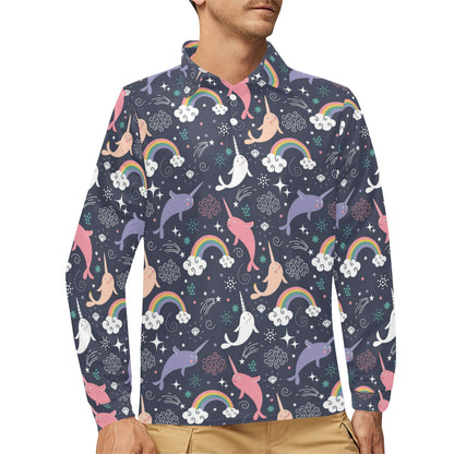 Narwhal Pattern Print Design 01 Long Sleeve Polo Shirt For Men's
