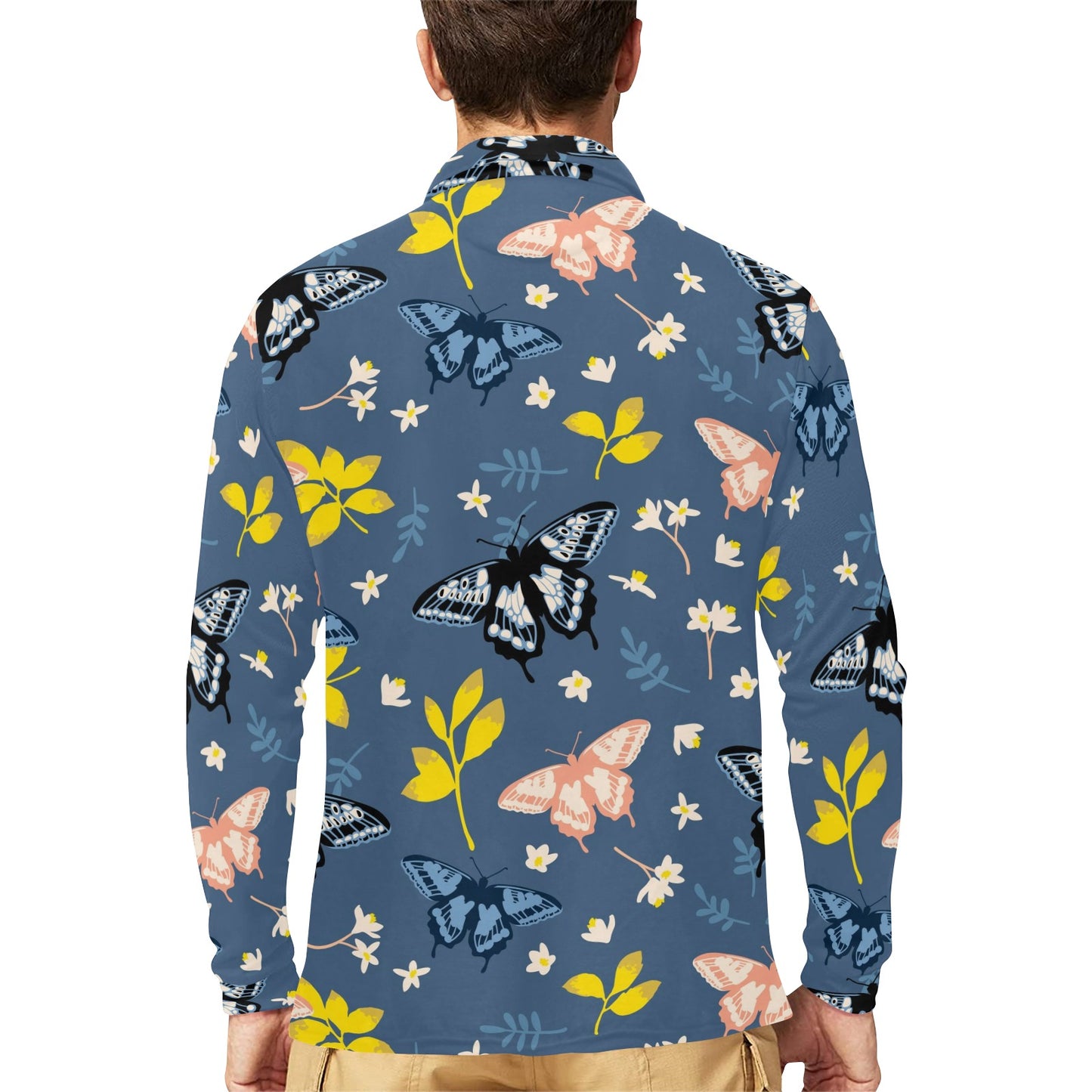 Monarch Butterfly Pattern Print Design 02 Long Sleeve Polo Shirt For Men's