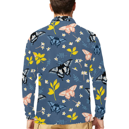 Monarch Butterfly Pattern Print Design 02 Long Sleeve Polo Shirt For Men's