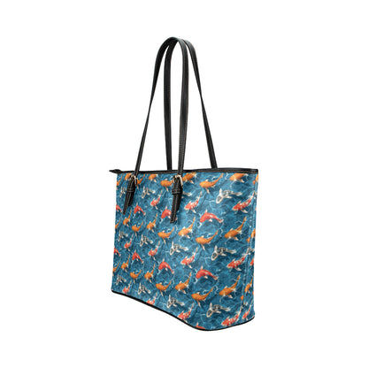 Koi Carp Water Design Themed Print Leather Tote Bag