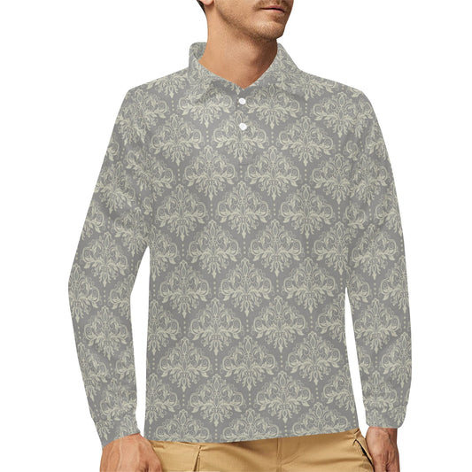 Damask Grey Elegant Print Pattern Long Sleeve Polo Shirt For Men's