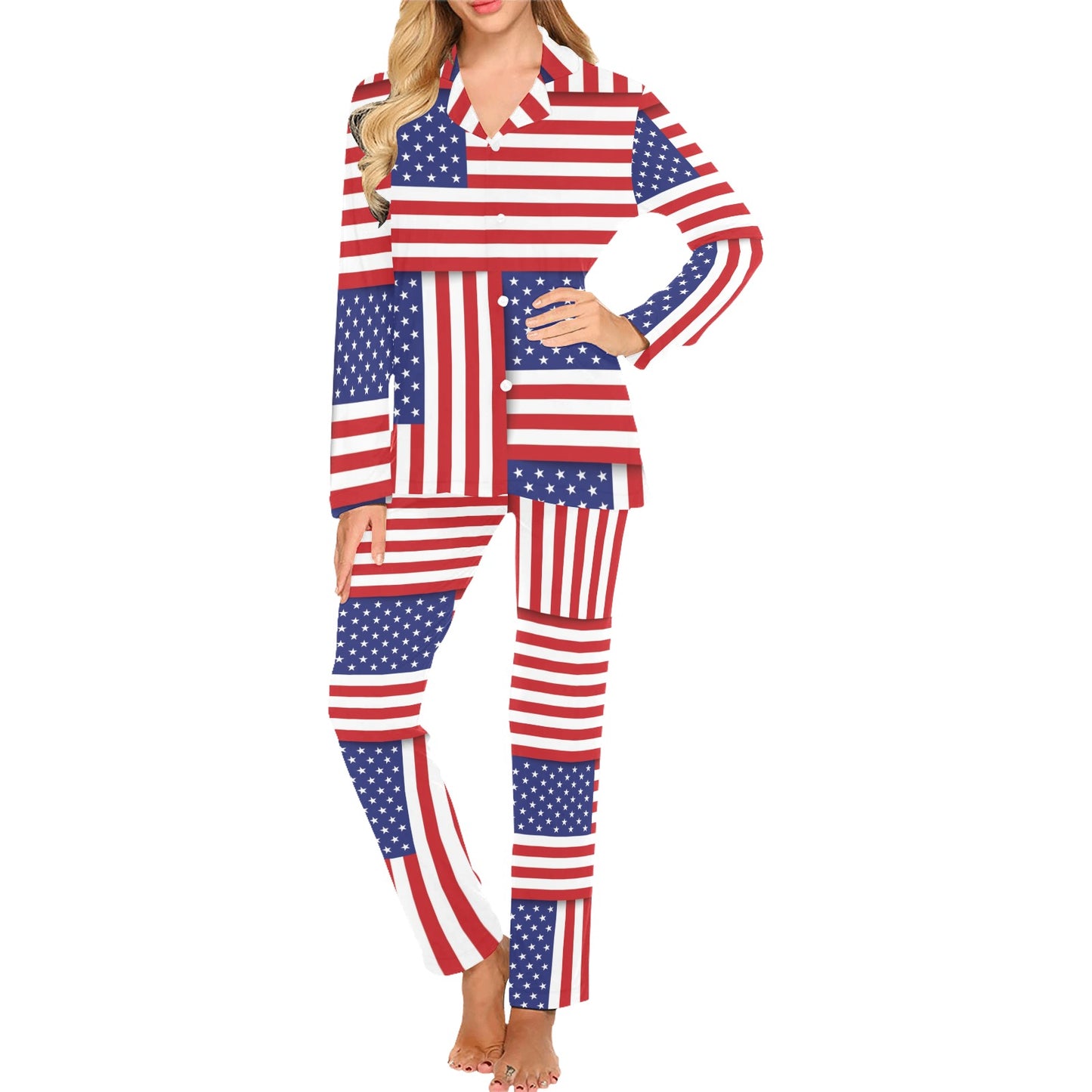 Patriotic US Flag Pattern Print Design A01 Women's Long Pajama Set
