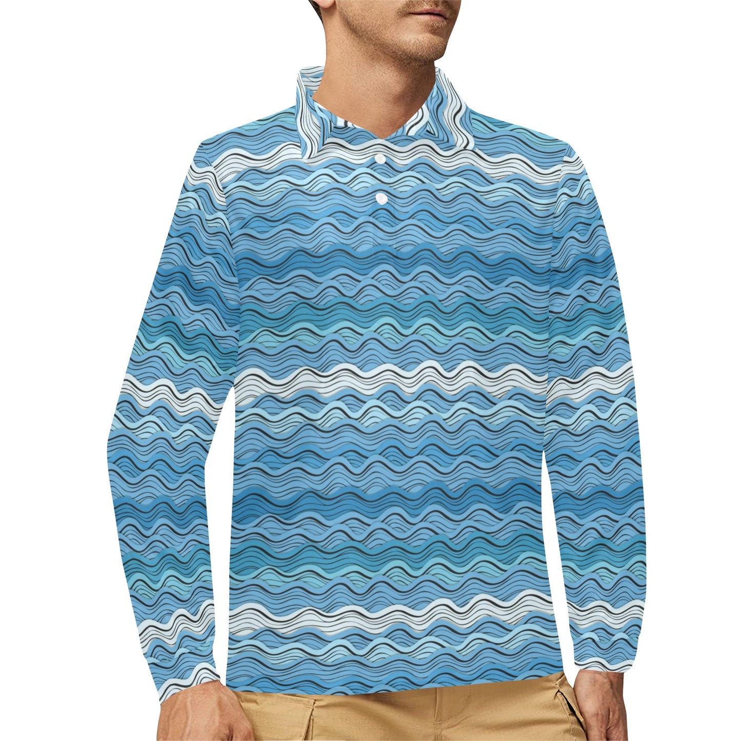 Wave Print Design LKS301 Long Sleeve Polo Shirt For Men's