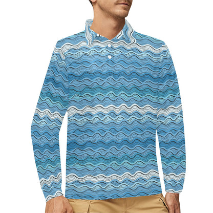 Wave Print Design LKS301 Long Sleeve Polo Shirt For Men's